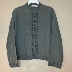 VTG Chicos Top Women L Silk Linen Olive Green Asian Infinity Buttons Old Money